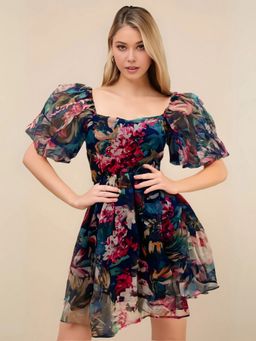 Sera - Floral Drama Puff Sleeve Organza Statement Style Mini Dress