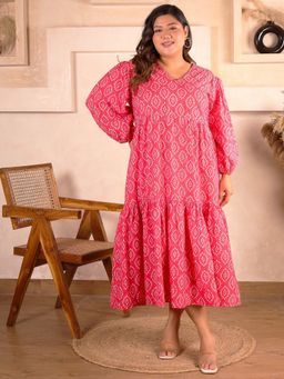 Indietoga Plus Size - Women Plus Size Pink Geometric Print Cotton Fit and Flare Midi Dress