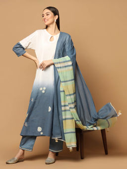 "Two Sisters" by Gyans - Denim Blue and White Kurta with Pant and Dupatta (Set of 3)