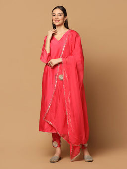 "Two Sisters" by Gyans - Red Mukaish Kurta with Pant and Dupatta (Set of 3)