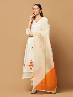 "Two Sisters" by Gyans - White Resham Kurta with Churidar and Dupatta (Set of 3)