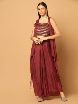 "Two Sisters" by Gyans - Maroon Embroidered Cape with Lehenga and Bustier (Set of 3)