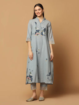 "Two Sisters" by Gyans - Grey Kurta with Pant and Dupatta (Set of 3)