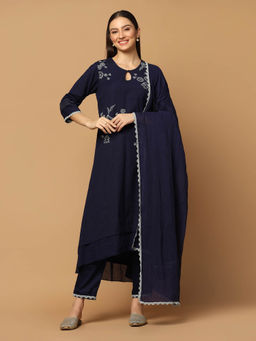 "Two Sisters" by Gyans - Navy Blue Resham Kurta with Pant and Dupatta (Set of 3)