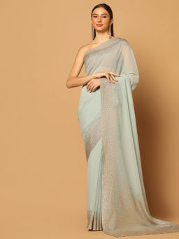 "Two Sisters" by Gyans - Powder Blue Sequins Embroidered Saree with Unstitched Blouse