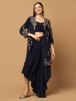 "Two Sisters" by Gyans - Navy Blue Embroidered Jacket with Skirt and Bustier (Set of 3)