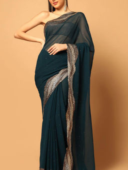 "Two Sisters" by Gyans - Teal Blue Embroidered Saree with Unstitched Blouse