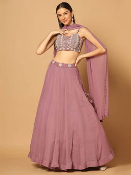 "Two Sisters" by Gyans - Dark Pink Embroidered Lehenga with Blouse and Dupatta (Set of 3)