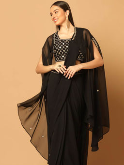 "Two Sisters" by Gyans - Black Draped Saree with Stitched Blouse and Cape