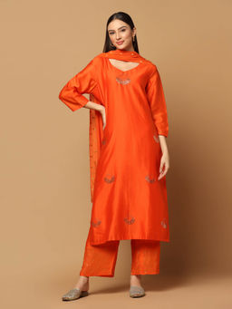 "Two Sisters" by Gyans - Orange Mukaish Kurta with Pant and Dupatta (Set of 3)