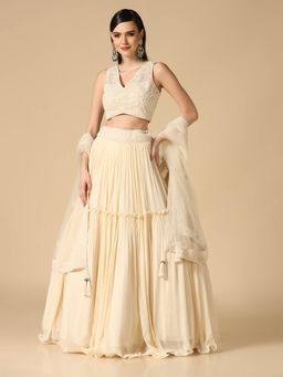 "Two Sisters" by Gyans - Cream Pearl Hand Embroidered Lehenga with Blouse and Dupatta (Set of 3)