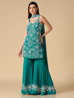 "Two Sisters" by Gyans - Green Sharara with Embroidery Kurta and Dupatta (Set of 3)