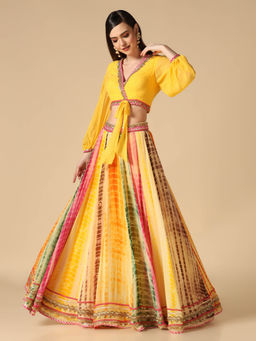 "Two Sisters" by Gyans - Yellow Crop Top and Leheriya Lehenga (Set of 2)