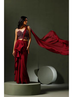 "Two Sisters" by Gyans - Maroon Drape Saree with Stitched Blouse