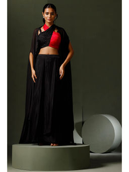 "Two Sisters" by Gyans - Black Halter Blouse with Skirt and Cape (Set of 3)