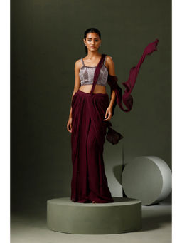 "Two Sisters" by Gyans - Wine Pearl Draped Saree with Stitched Blouse