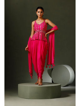 "Two Sisters" by Gyans - Hot Pink Peplum Top with Dhoti and Dupatta (Set of 3)