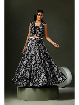 "Two Sisters" by Gyans - Black Lehenga with Blouse and Jacket (Set of 3)