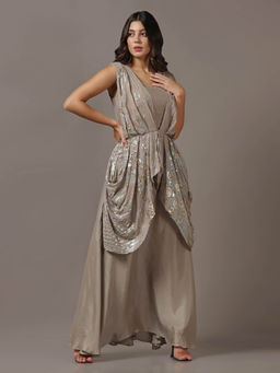"Two Sisters" by Gyans - Grey Sequins Drape Gown