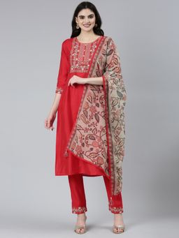 NEERU'S - Red Regular Straight Embroidered Kurta and Trousers with Dupatta (Set of 3)