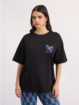 MIXT by Nykaa Fashion - Unisex Black And Purple Oversized Graphic Print Tshirt