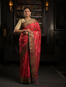 EXCLUSIVA - Pink Soft Tussar Silk Saree with Unstitched Blouse