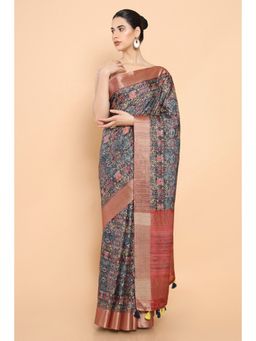 Soch - Women Blue Cotton Floral Saree with Unstitched Blouse