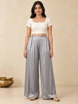 TAHILIYA - Grey Soft Modal Silk Relaxed Fit Palazzo