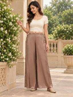 TAHILIYA - Brown Soft Modal Silk Relaxed Fit Palazzo