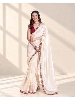 Saariva - Off White Silk Blend with Maroon Embellished Border Saree