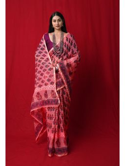 Unnati Silks - Orange Block Printed Lace & Embroidery Kota Saree with Unstitched Blouse - UNM77279