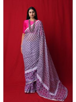 Unnati Silks - Grey Block Printed with Lace & Embroidery Kota Saree with Unstitched Blouse - UNM77280