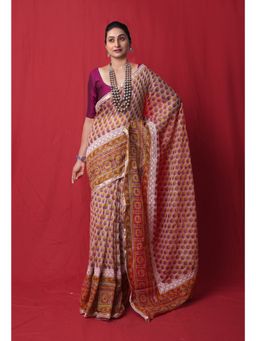 Unnati Silks - Beige Block Printed with Lace & Embroidery Kota Saree with Unstitched Blouse - UNM77281