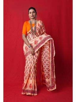 Unnati Silks - Orange Block Printed Lace & Embroidery Kota Saree with Unstitched Blouse - UNM77282