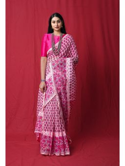Unnati Silks - Pink Block Printed with Lace & Embroidery Kota Saree with Unstitched Blouse - UNM77283