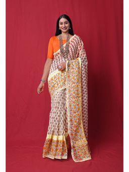 Unnati Silks - Yellow Block Printed Lace & Embroidery Kota Saree with Unstitched Blouse - UNM77284
