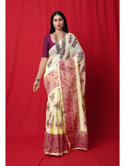 Unnati Silks - Yellow Block Printed Lace & Embroidery Kota Saree with Unstitched Blouse - UNM77271