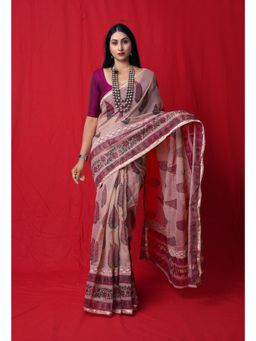 Unnati Silks - Pink Block Printed with Lace & Embroidery Kota Saree with Unstitched Blouse - UNM77272