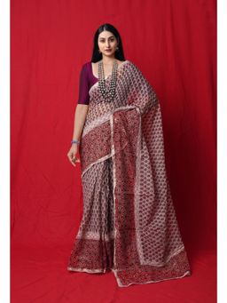 Unnati Silks - Wine Block Printed with Lace & Embroidery Kota Saree with Unstitched Blouse- UNM77277
