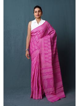 Unnati Silks - Pink Hand Block Discharge Printed Soft Cotton Saree with Unstitched Blouse - UNM77366