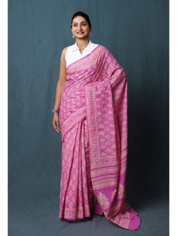 Unnati Silks - Pink Hand Block Discharge Printed Soft Cotton Saree with Unstitched Blouse - UNM77395