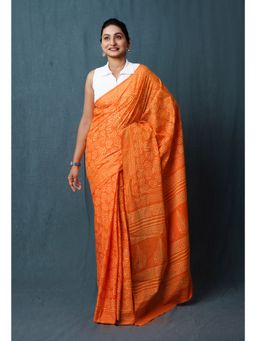 Unnati Silks - Orange Hand Block Discharge Printed Soft Cotton Saree with Unstitched Blouse - UNM77396