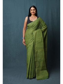Unnati Silks - Green Hand Block Discharge Printed Soft Cotton Saree with Unstitched Blouse - UNM77398