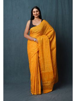 Unnati Silks - Yellow Hand Block Discharge Printed Soft Cotton Saree with Unstitched Blouse - UNM77399