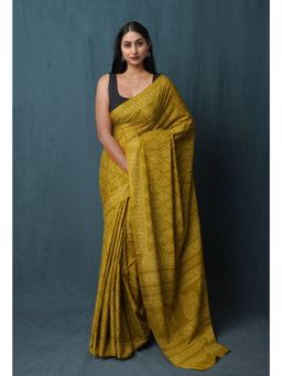 Unnati Silks - Green Hand Block Discharge Printed Soft Cotton Saree with Unstitched Blouse - UNM77400