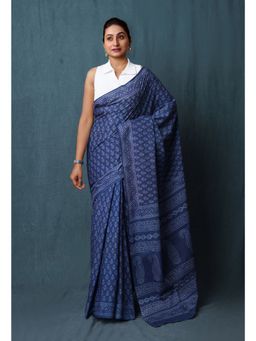 Unnati Silks - Navy Blue Hand Block Printed Soft Cotton Saree with Unstitched Blouse - UNM77401