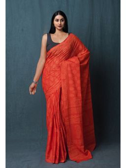 Unnati Silks - Red Hand Block Discharge Printed Soft Cotton Saree with Unstitched Blouse - UNM77402