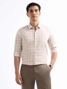 Arrow - Men Beige Grid Tattersall Checks Manhattan Slim Fit Shirt
