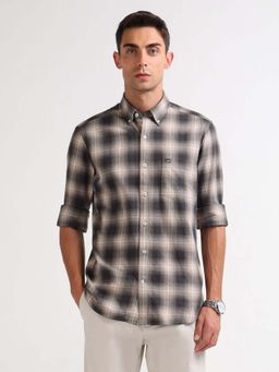 Arrow Sports - Men Beige-Black Twill Tartan Checks Button Down Shirt