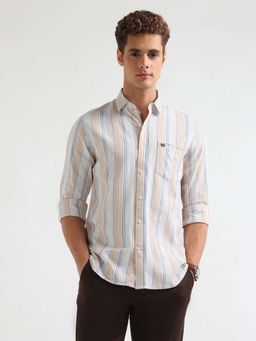 Arrow Sports - Men Peach-White Twill Vertical Striped Shirt